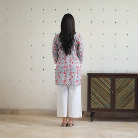 Grey Block Printed Cotton Gota Work Short Sanganeri Kurta for Women