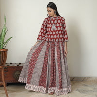 Red - Bagh Block Printed Patchwork Cotton Long Skirt