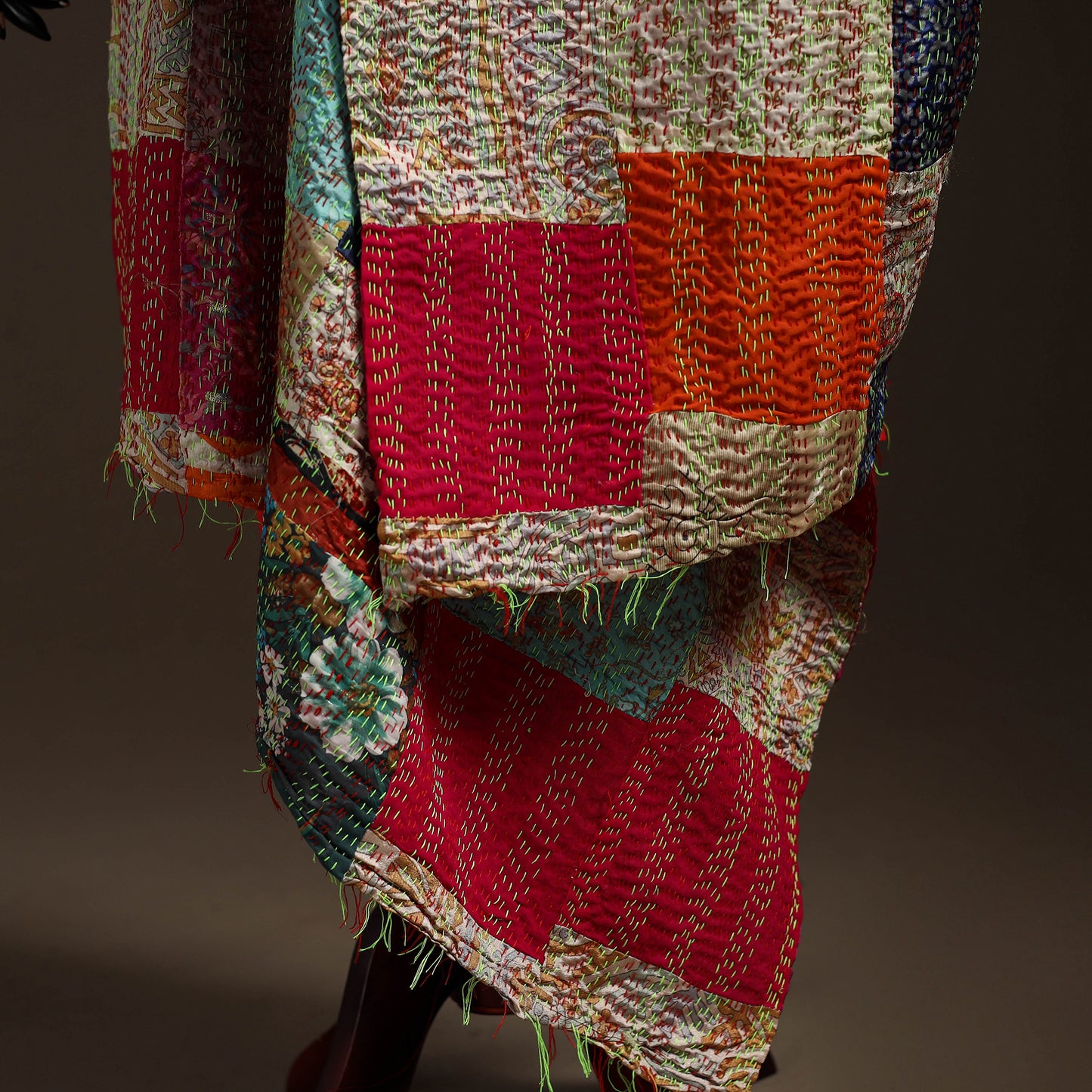 Multicolor - Bengal Hand Embroidery Patchwork Reversible Silk Kantha Dupatta 74