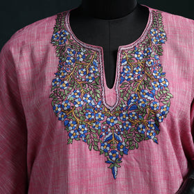 Pink - Kashmiri Kashida Hand Embroidered Cotton Kaftan (Medium) 23