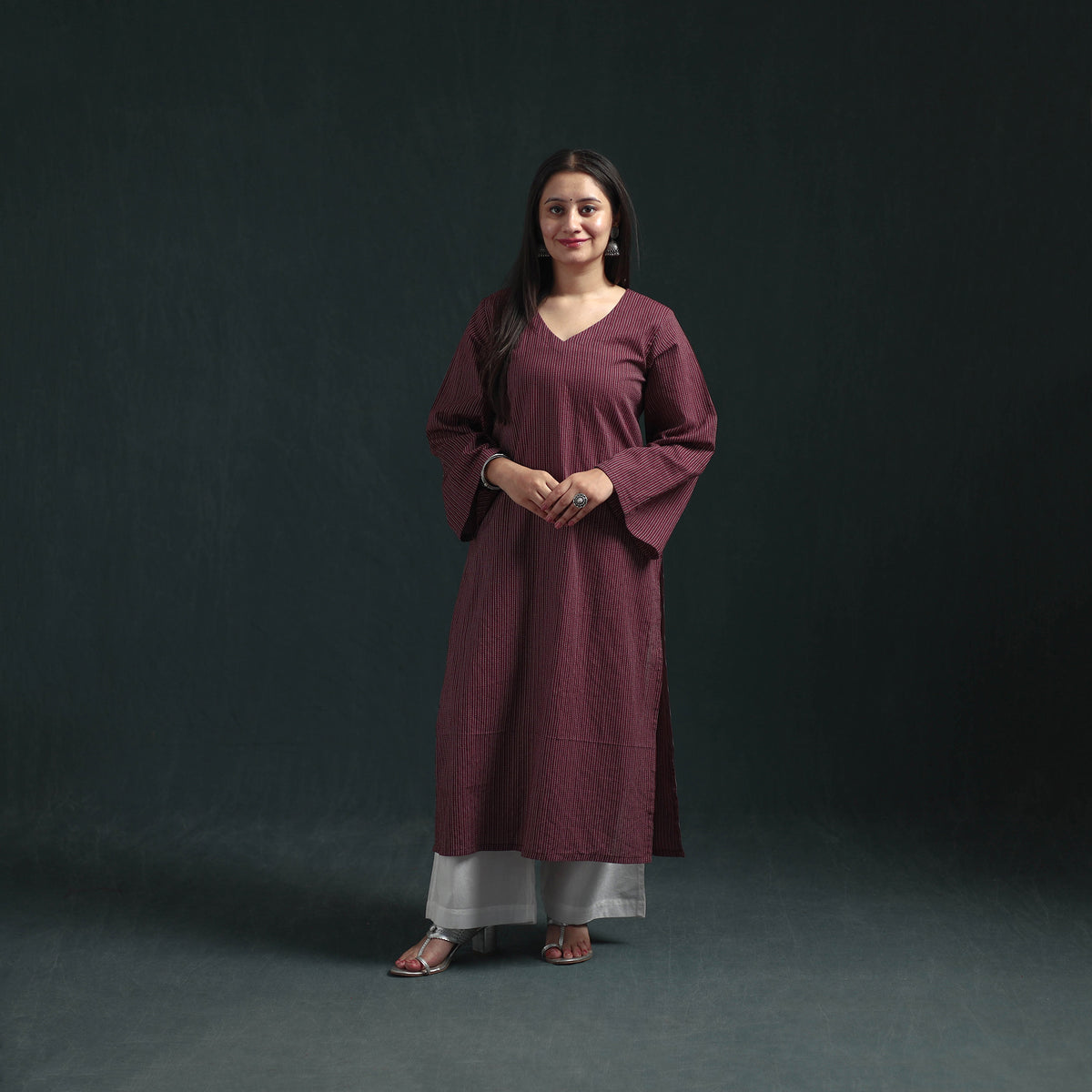 Plain Running Stitch Cotton Straight Long Kurta for women 06