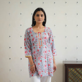 Grey Block Printed Cotton Gota Work Short Sanganeri Kurta for Women