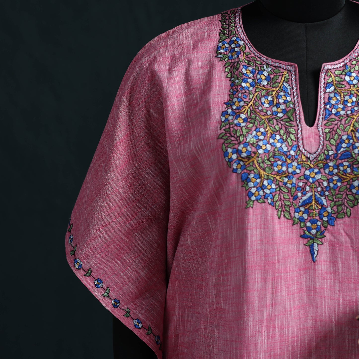 Pink - Kashmiri Kashida Hand Embroidered Cotton Kaftan (Medium) 23