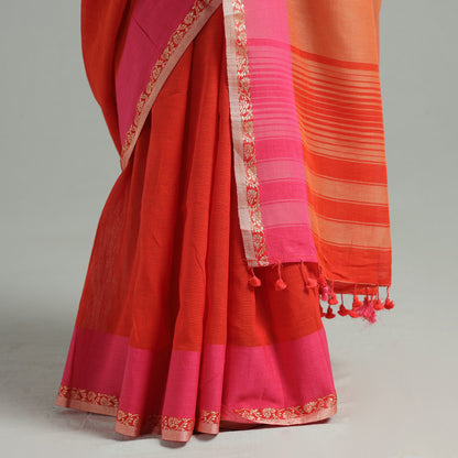 Red - Bengal Woven Border Handloom Pure Cotton Saree 58
