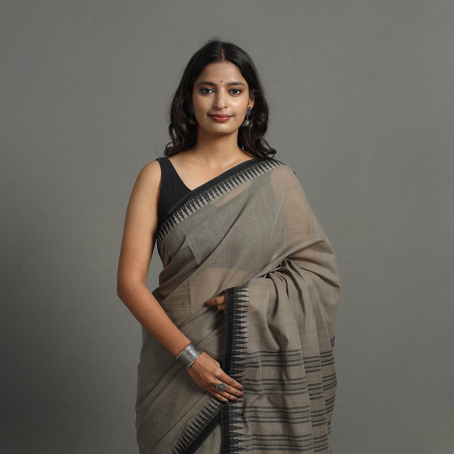 Grey - Bengal Handwoven Cotton Plain Begampuri Saree 25