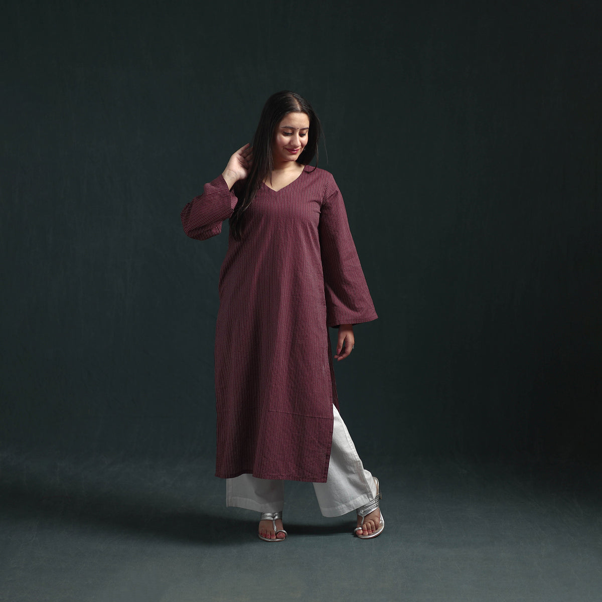 Plain Running Stitch Cotton Straight Long Kurta for women 06