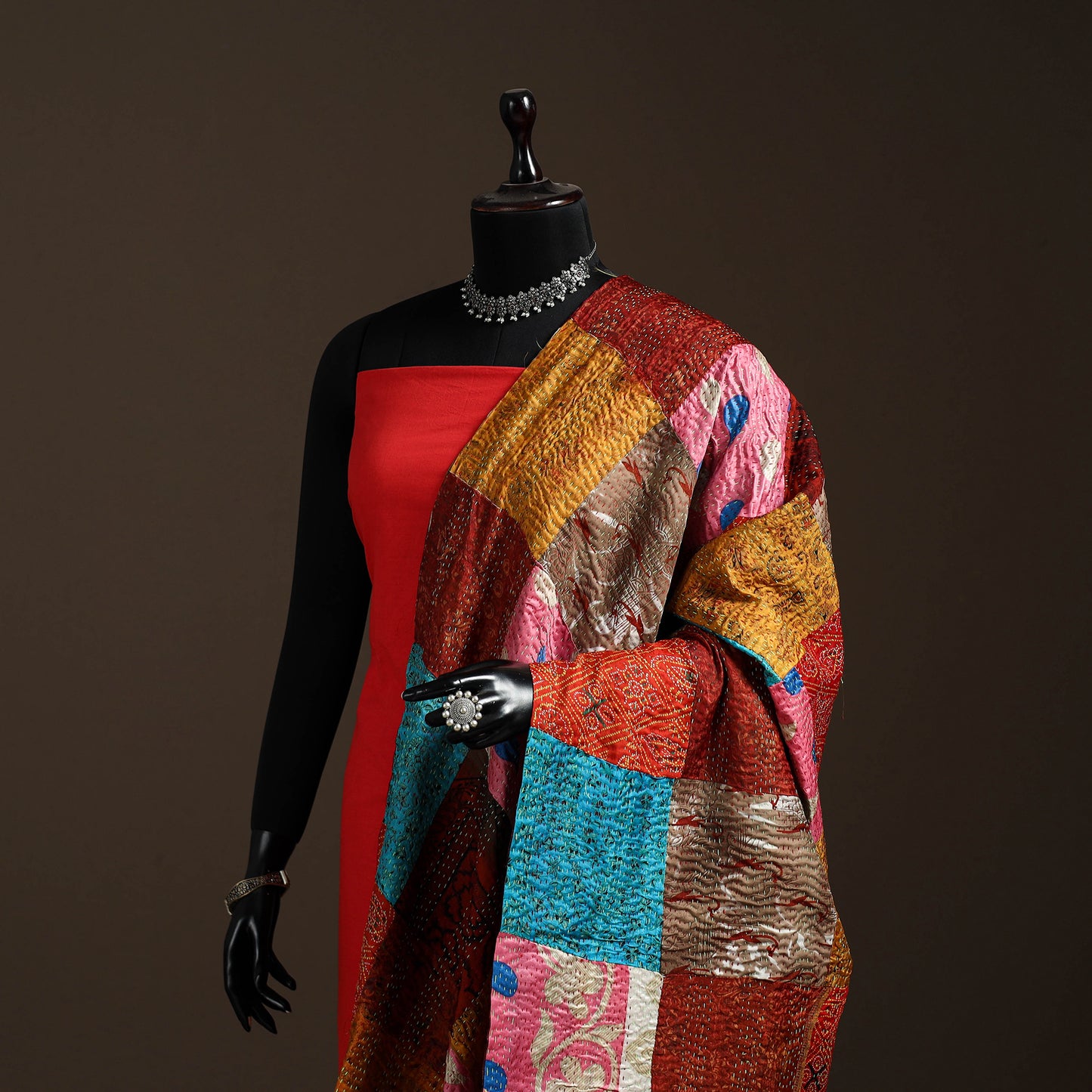 Multicolor - Bengal Hand Embroidery Patchwork Reversible Silk Kantha Dupatta 75