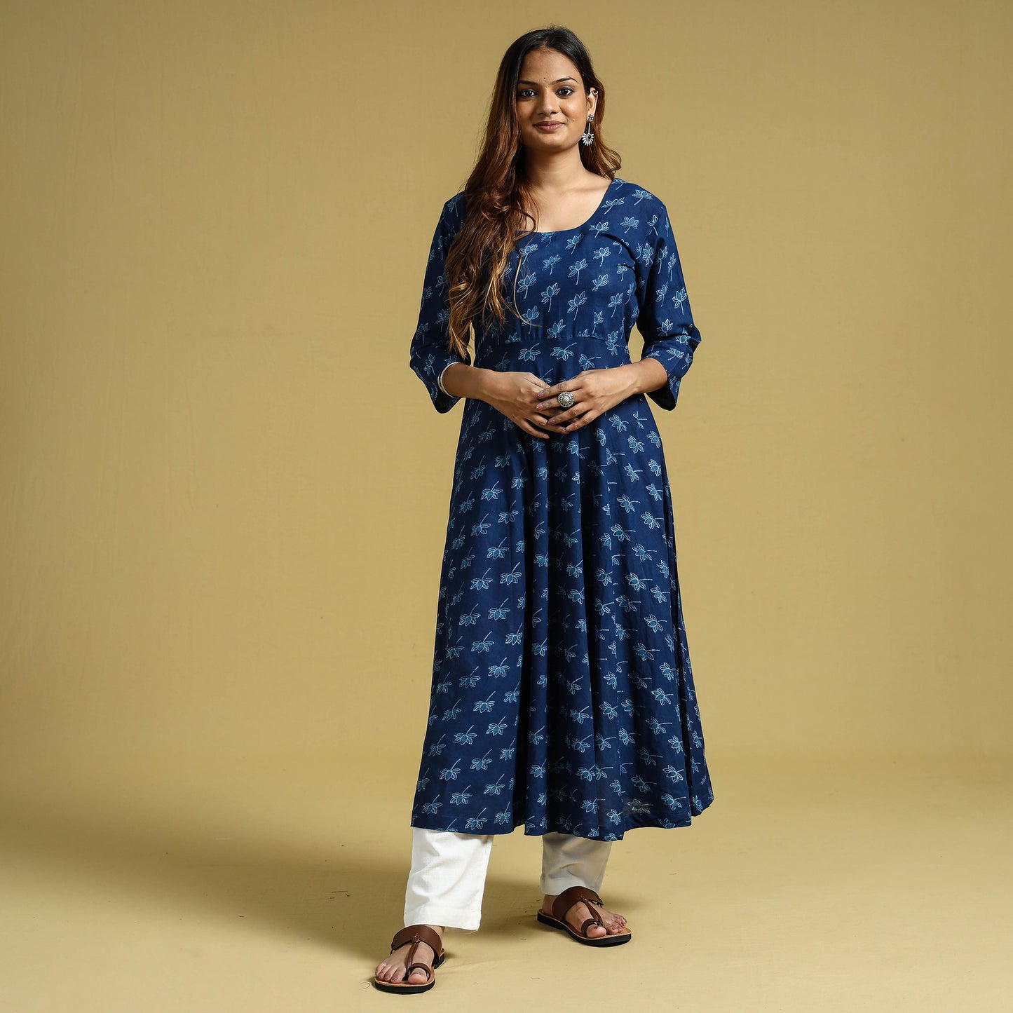 Blue - Dabu Block Printed Cotton Flared Gher Dress