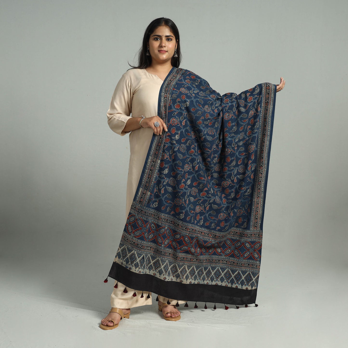 Blue - Block Printed Cotton Ajrakh Dupatta with Tassels 17