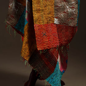 Multicolor - Bengal Hand Embroidery Patchwork Reversible Silk Kantha Dupatta 75