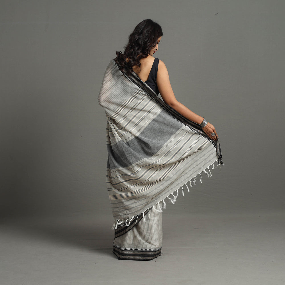 Grey - Bengal Handwoven Cotton Stripes Begampuri Saree 26