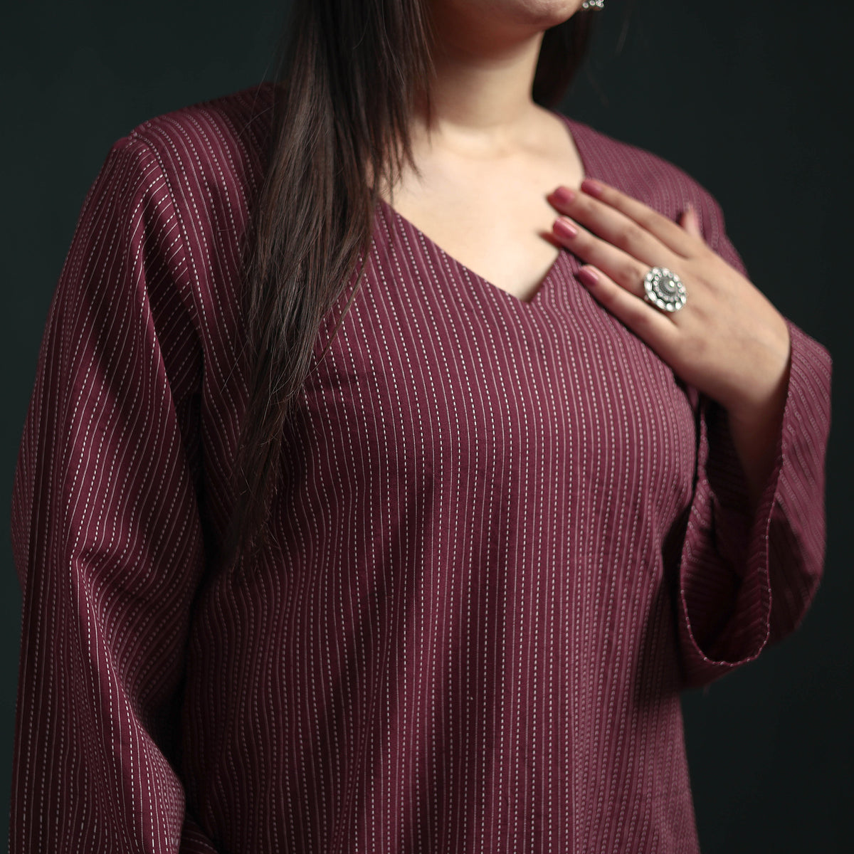 Plain Running Stitch Cotton Straight Long Kurta for women 06