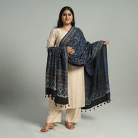 Blue - Block Printed Cotton Ajrakh Dupatta with Tassels 17