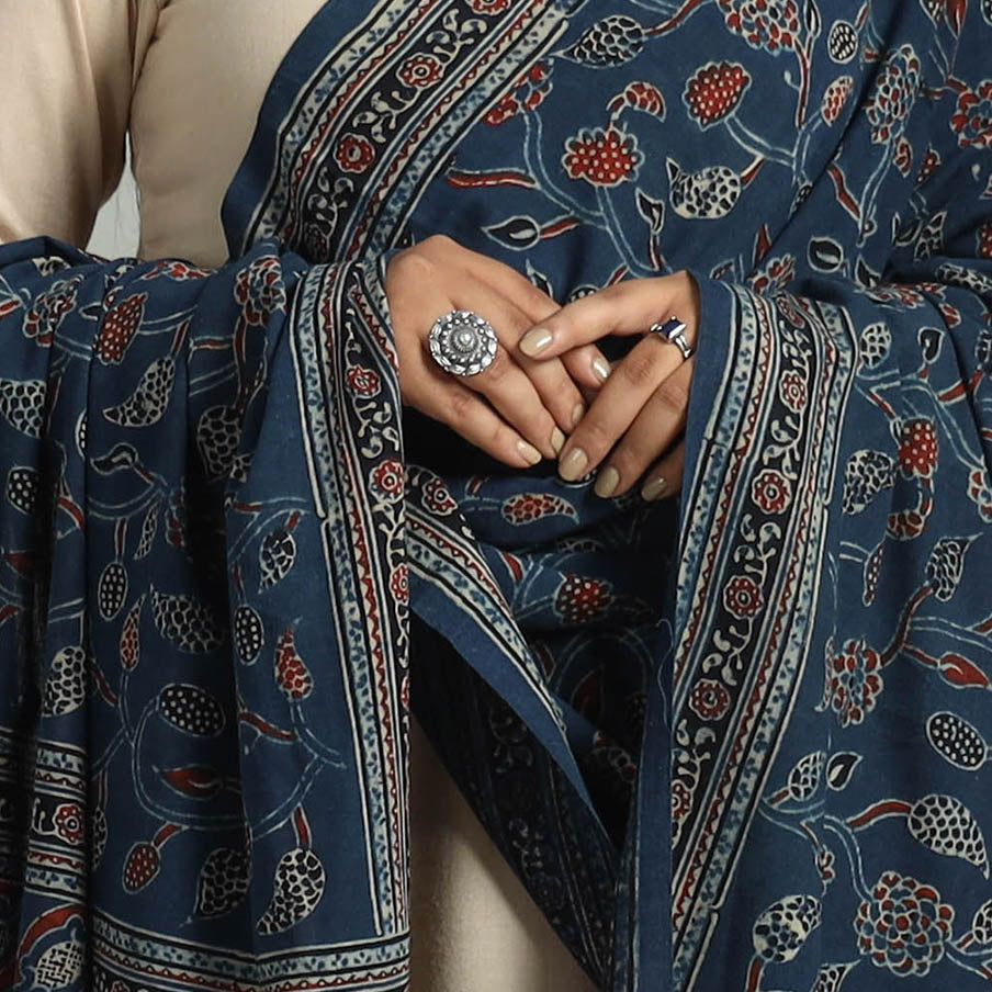 Blue - Block Printed Cotton Ajrakh Dupatta with Tassels 17