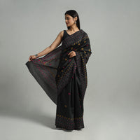 Black - Handcrafted Bengal Nakshi Kantha Work Silk Saree 50