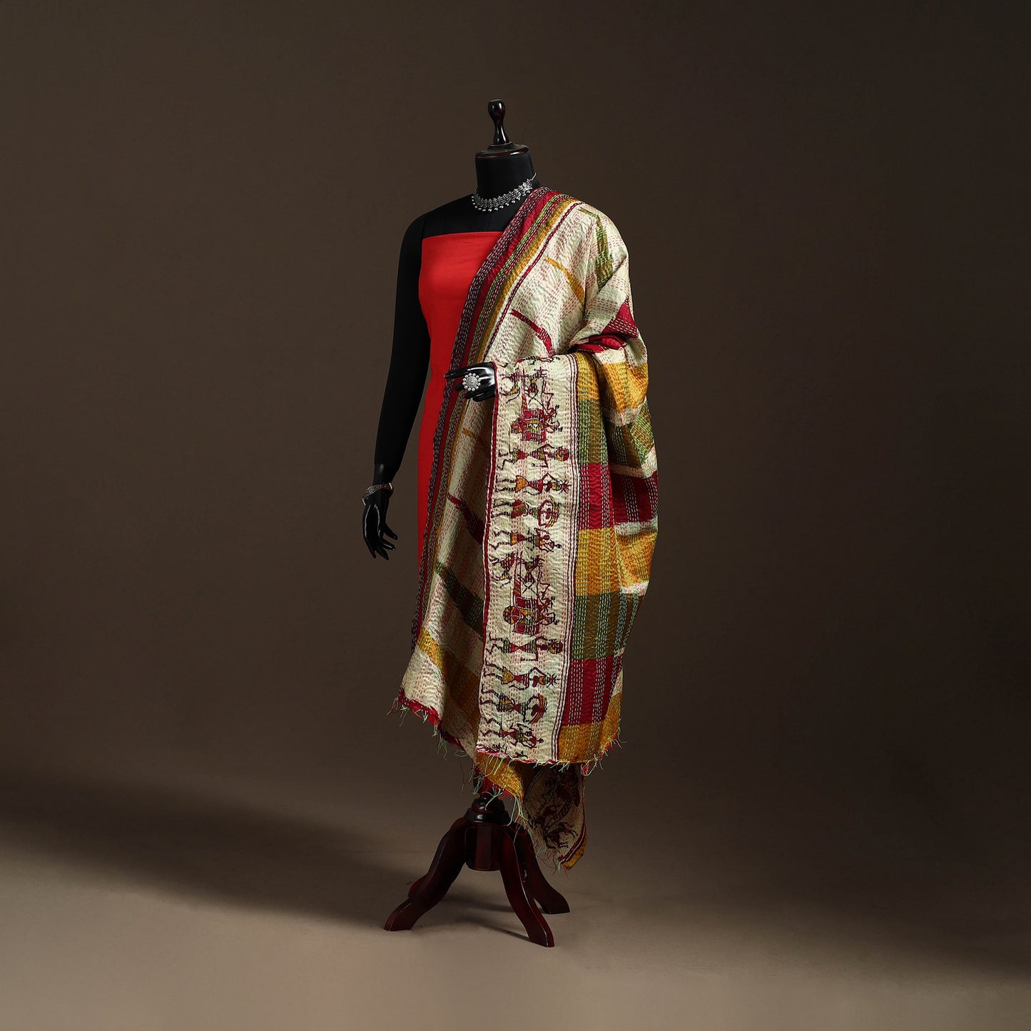 Multicolor - Bengal Hand Embroidery Patchwork Reversible Silk Kantha Dupatta 75