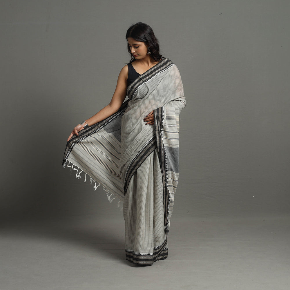 Grey - Bengal Handwoven Cotton Stripes Begampuri Saree 26