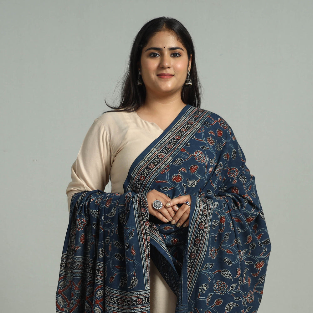 Blue - Block Printed Cotton Ajrakh Dupatta with Tassels 17