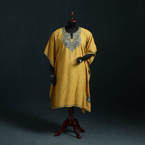 Yellow - Kashmiri Kashida Hand Embroidered Cotton Kaftan (Medium) 24