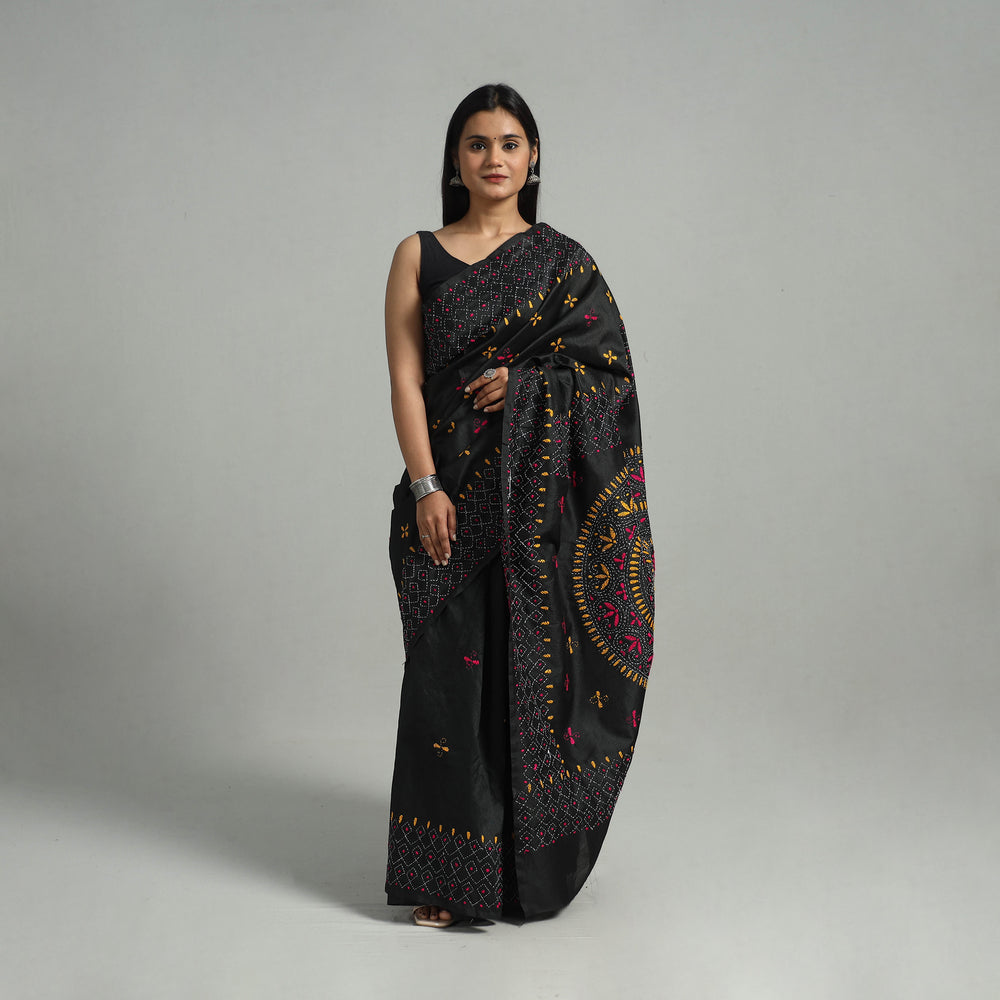 Black - Handcrafted Bengal Nakshi Kantha Work Silk Saree 50