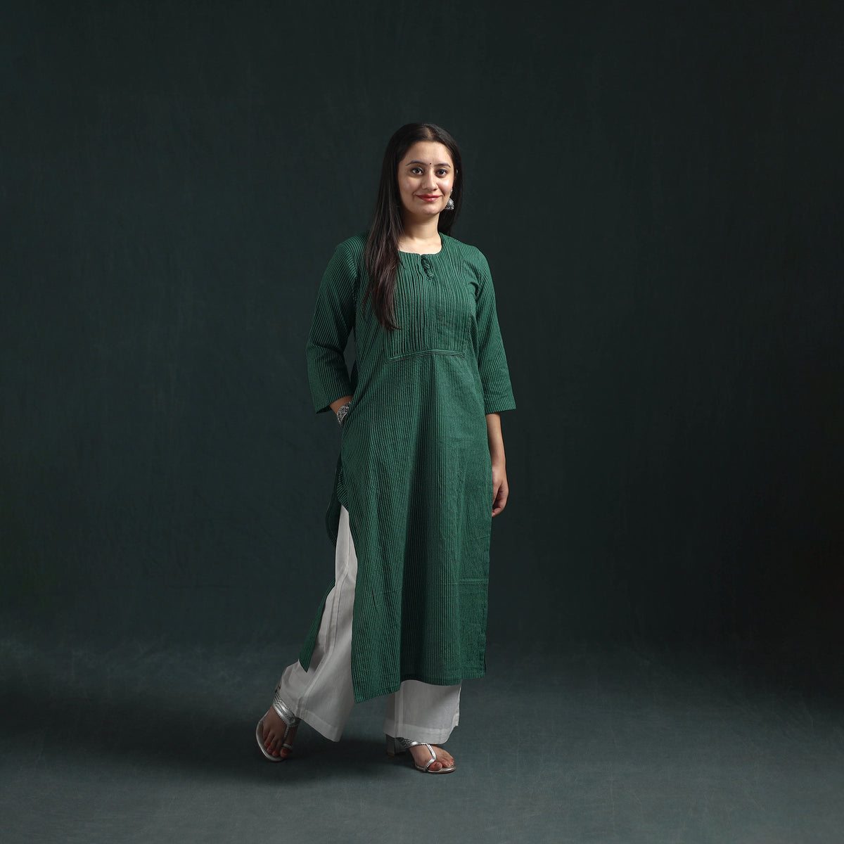 Plain Running Stitch Pintuck Cotton Straight Long Kurta for women 05