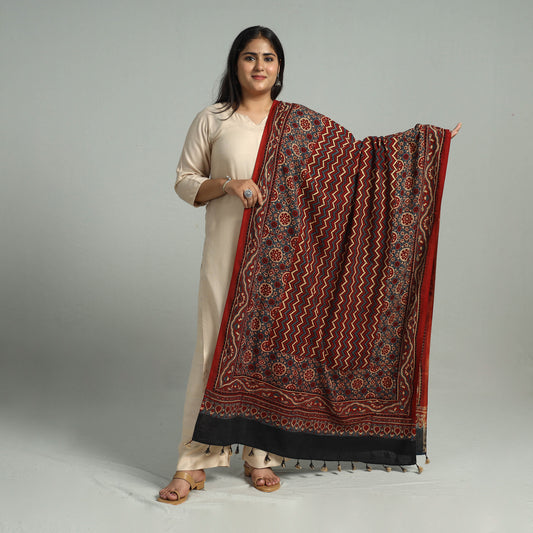 Red - Block Printed Cotton Ajrakh Dupatta with Tassels 18