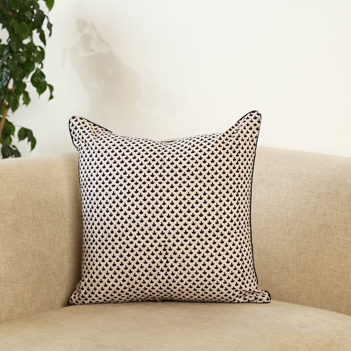 White Block Print Cotton Bagh Cushion Cover