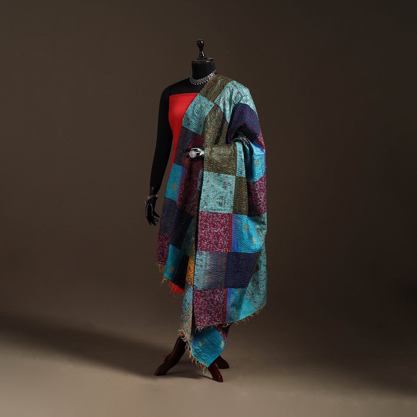 Multicolor - Bengal Hand Embroidery Patchwork Reversible Silk Kantha Dupatta 76