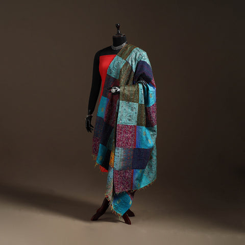 Bengal Hand Embroidery Patchwork Reversible Silk Kantha Dupatta 76