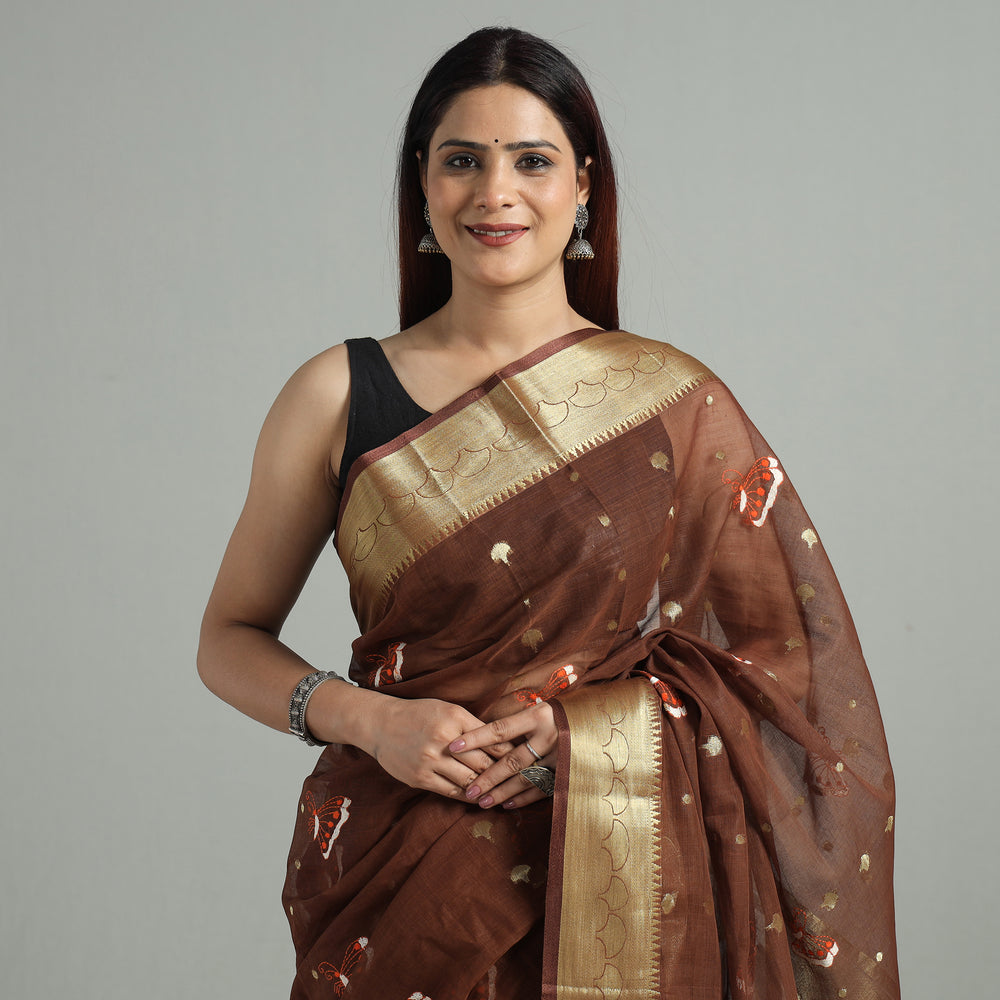 Brown - Bengal Pure Cotton Zari Tant Handloom Saree 67