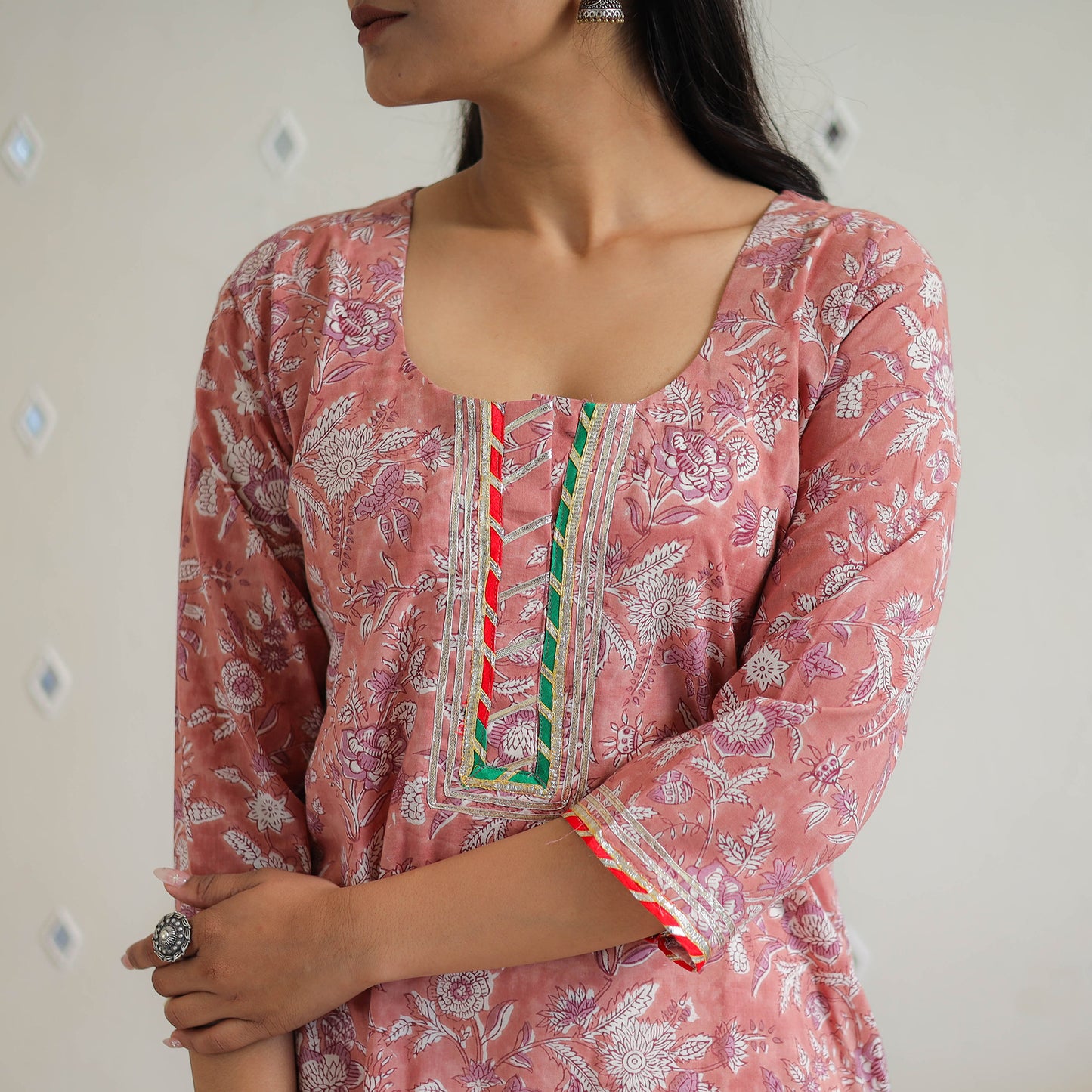 Peach - Block Printed Cotton Gota Work Short Sanganeri Kurta 09