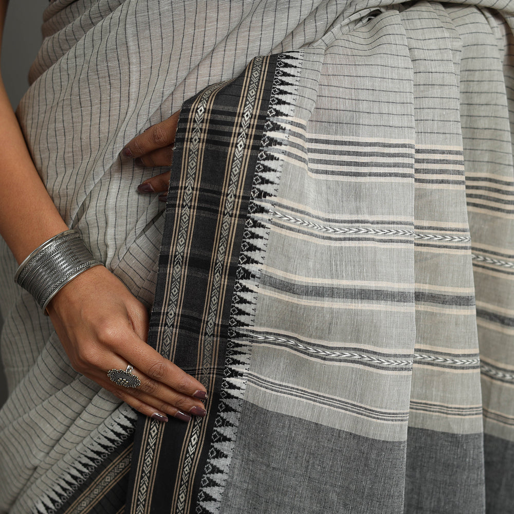 Grey - Bengal Handwoven Cotton Stripes Begampuri Saree 26