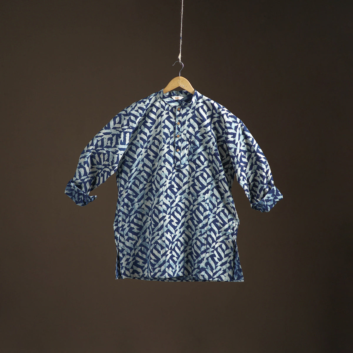 Indigo Bagru Block Print Natural Dyed Cotton Short Men Kurta 01