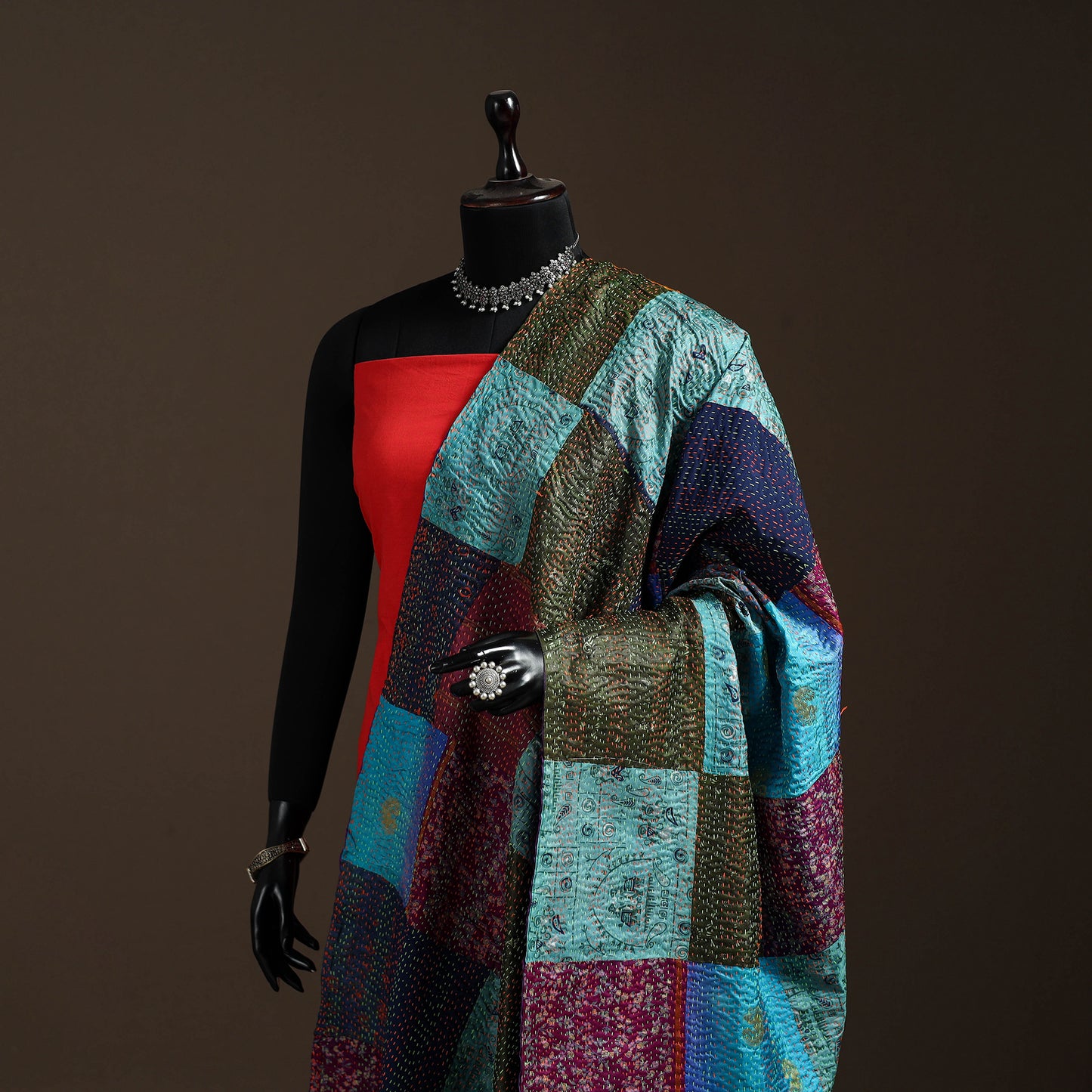 Multicolor - Bengal Hand Embroidery Patchwork Reversible Silk Kantha Dupatta 76