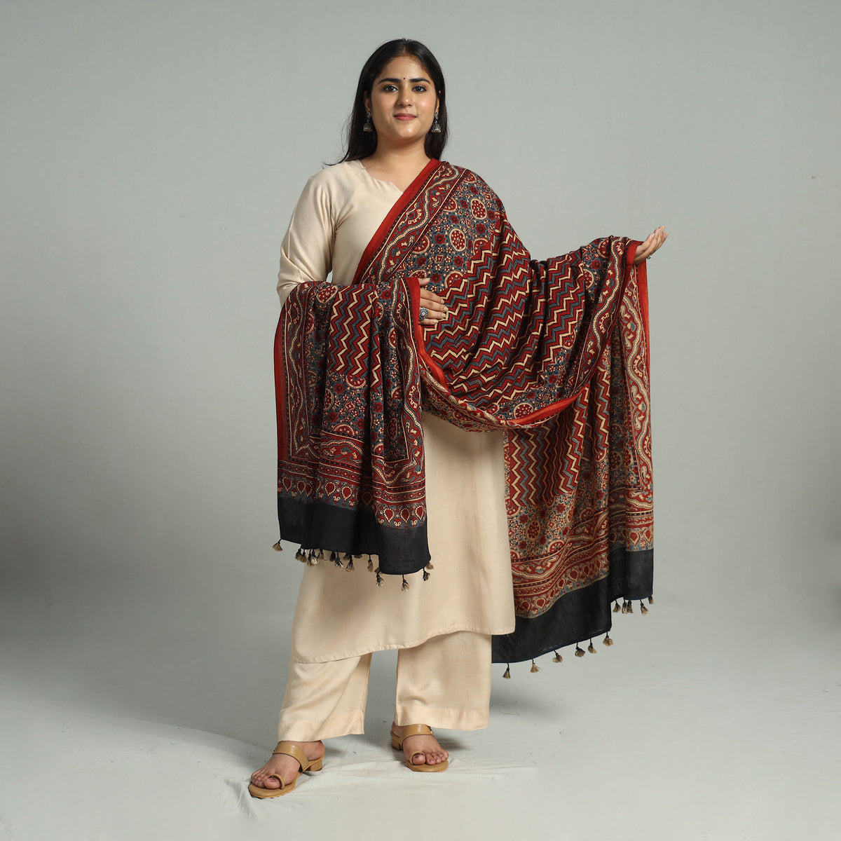 Red - Block Printed Cotton Ajrakh Dupatta with Tassels 18