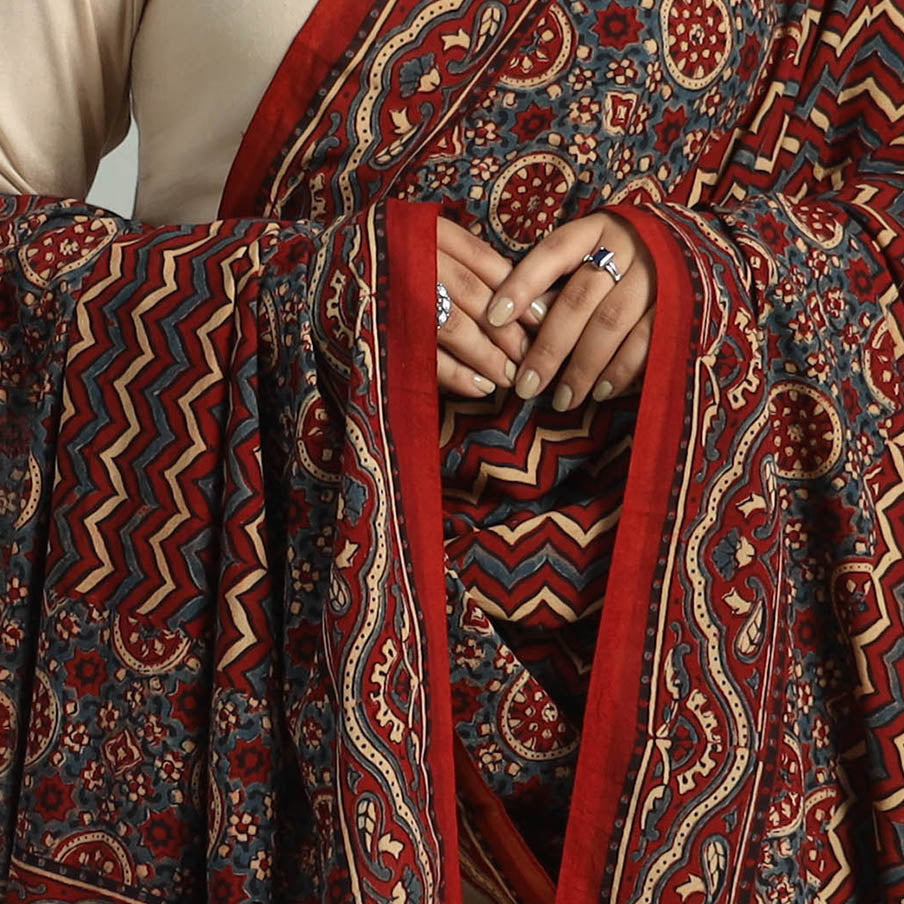 Red - Block Printed Cotton Ajrakh Dupatta with Tassels 18