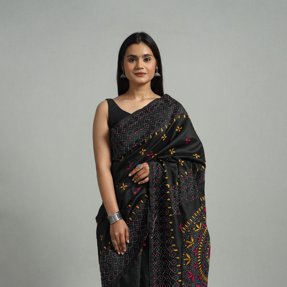 Black - Handcrafted Bengal Nakshi Kantha Work Silk Saree 50