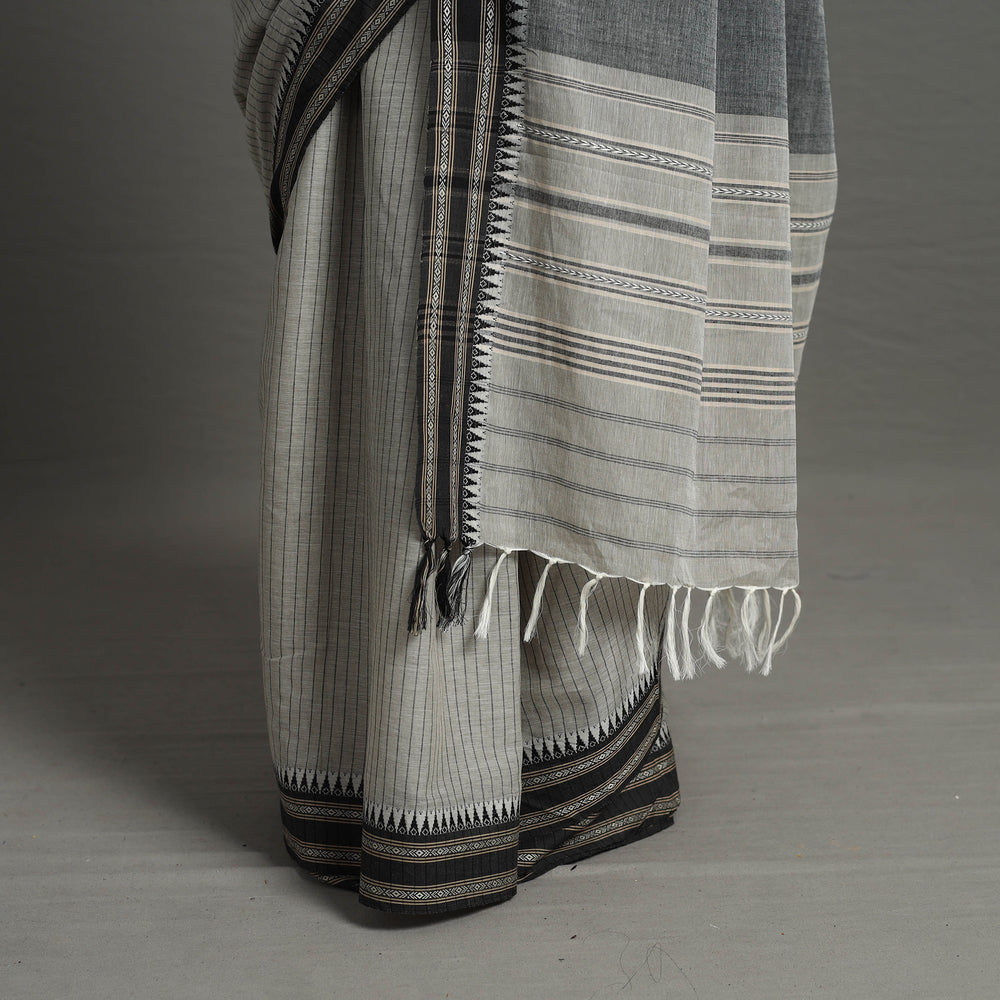 Grey - Bengal Handwoven Cotton Stripes Begampuri Saree 26