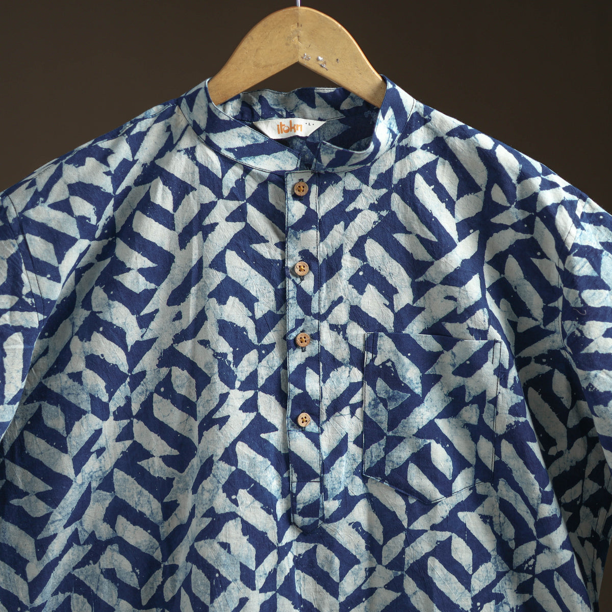 Indigo Bagru Block Print Natural Dyed Cotton Short Men Kurta 01
