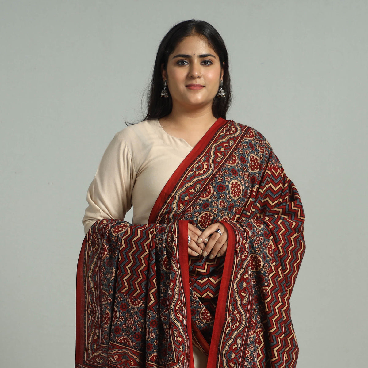 Red - Block Printed Cotton Ajrakh Dupatta with Tassels 18