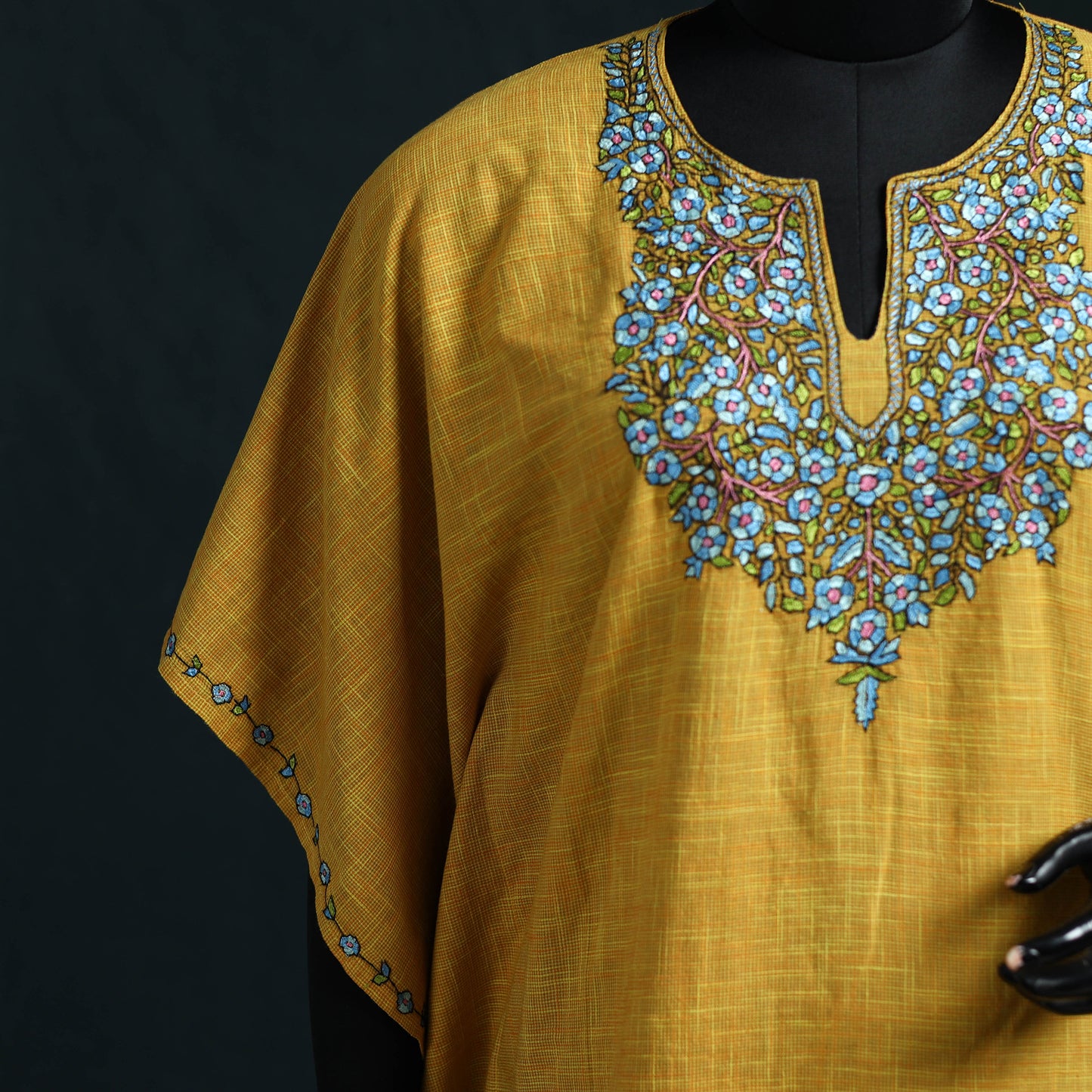 Yellow - Kashmiri Kashida Hand Embroidered Cotton Kaftan (Medium) 24