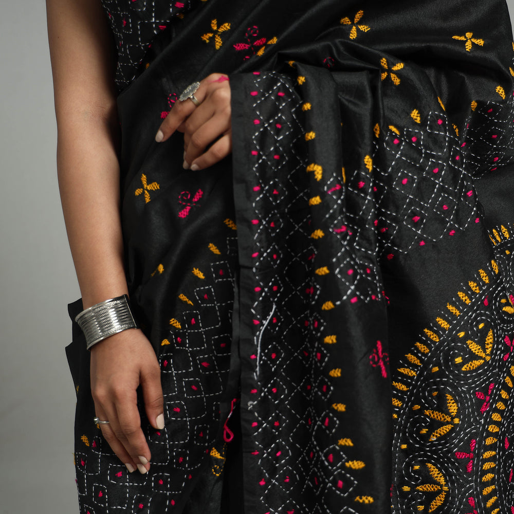 Black - Handcrafted Bengal Nakshi Kantha Work Silk Saree 50