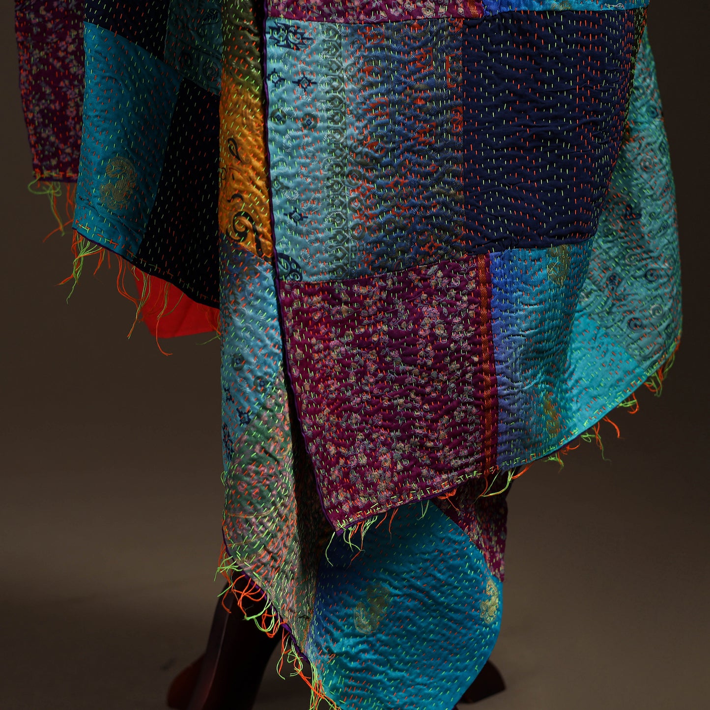 Multicolor - Bengal Hand Embroidery Patchwork Reversible Silk Kantha Dupatta 76