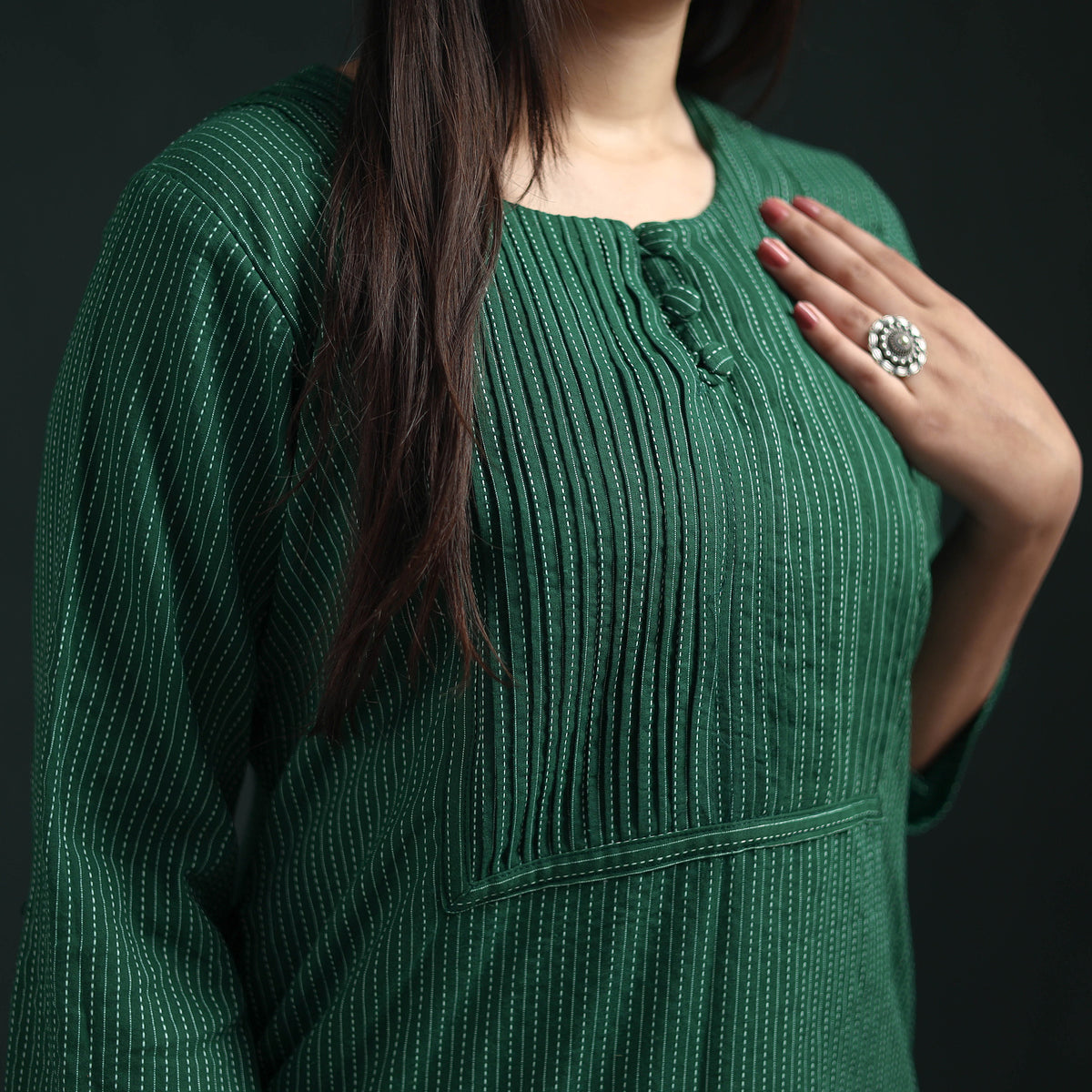 Plain Running Stitch Pintuck Cotton Straight Long Kurta for women 05
