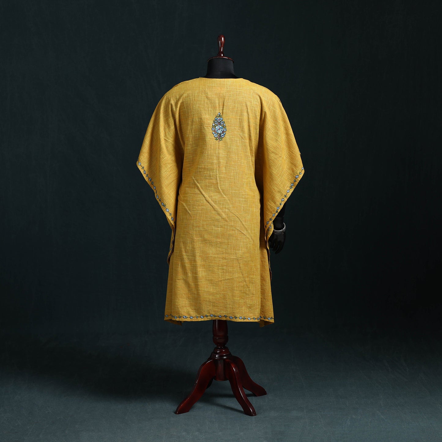 Yellow - Kashmiri Kashida Hand Embroidered Cotton Kaftan (Medium) 24