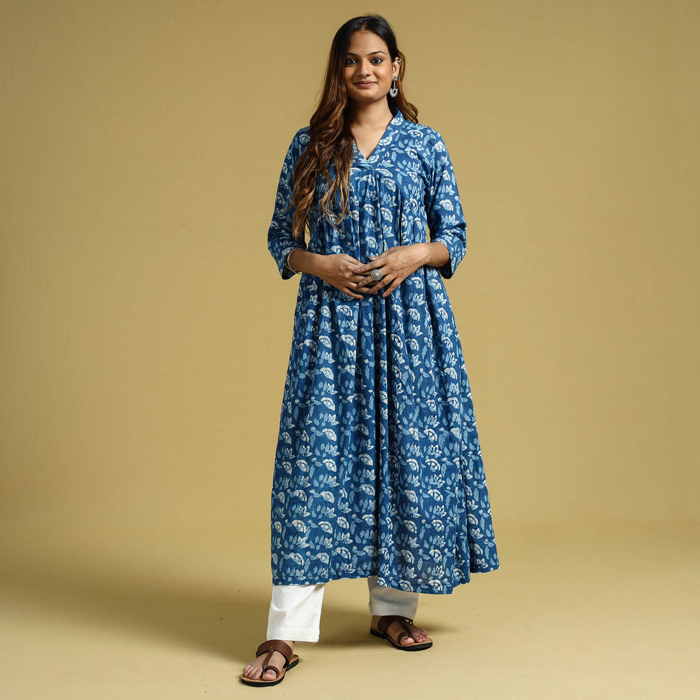 Blue - Dabu Block Printed Cotton Flared Gher Dress