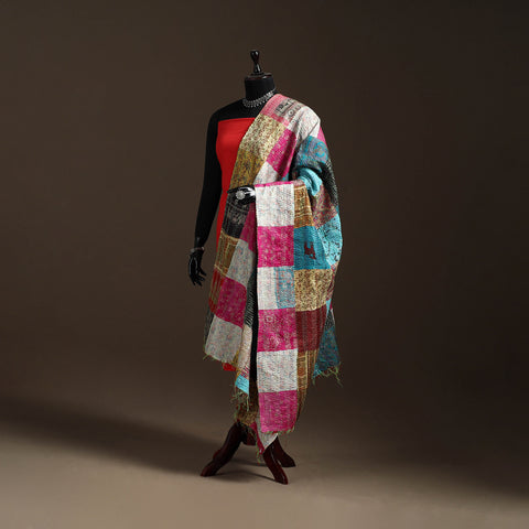 Bengal Hand Embroidery Patchwork Reversible Silk Kantha Dupatta 77