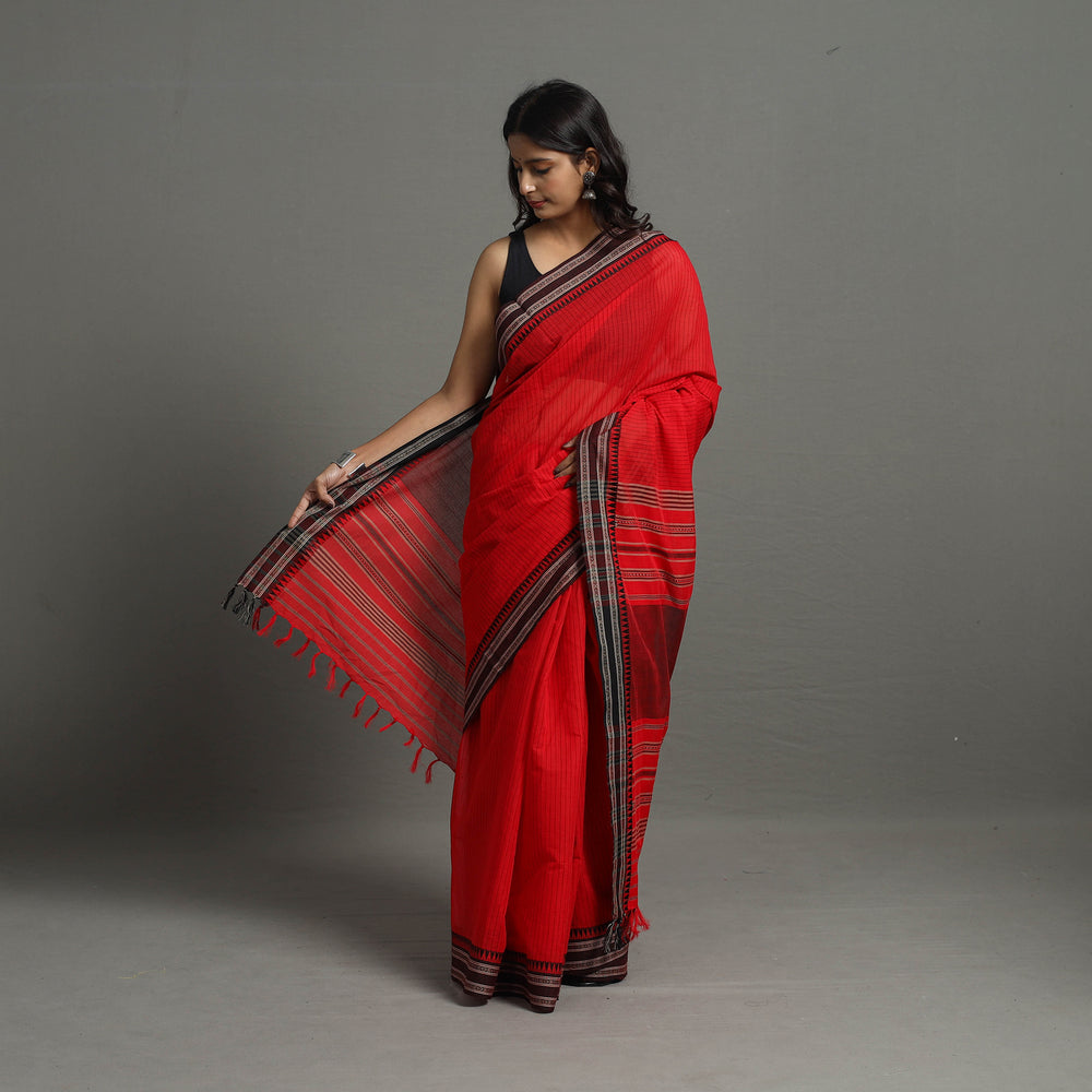 Red - Bengal Handwoven Cotton Stripes Begampuri Saree 27