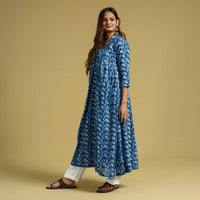 Blue - Dabu Block Printed Cotton Flared Gher Dress