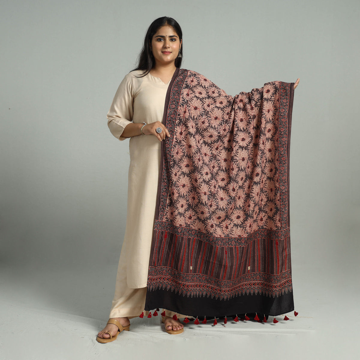 Brown - Block Printed Cotton Ajrakh Dupatta with Tassels 20